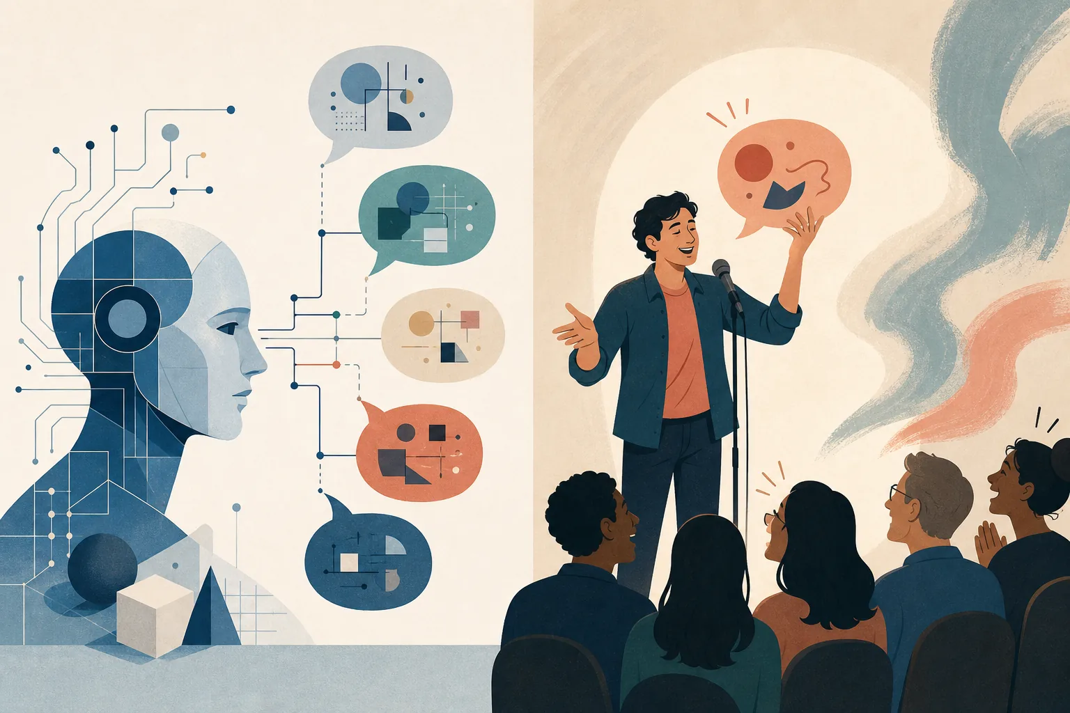 Editorial comparison of AI-generated punchline options and a human comedian choosing the final line