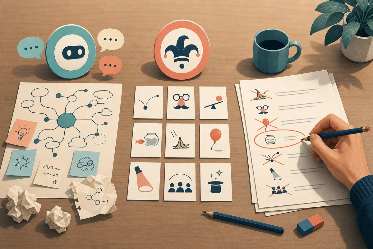 Editorial comparison of AI brainstorming, joke generation, and human punchline editing