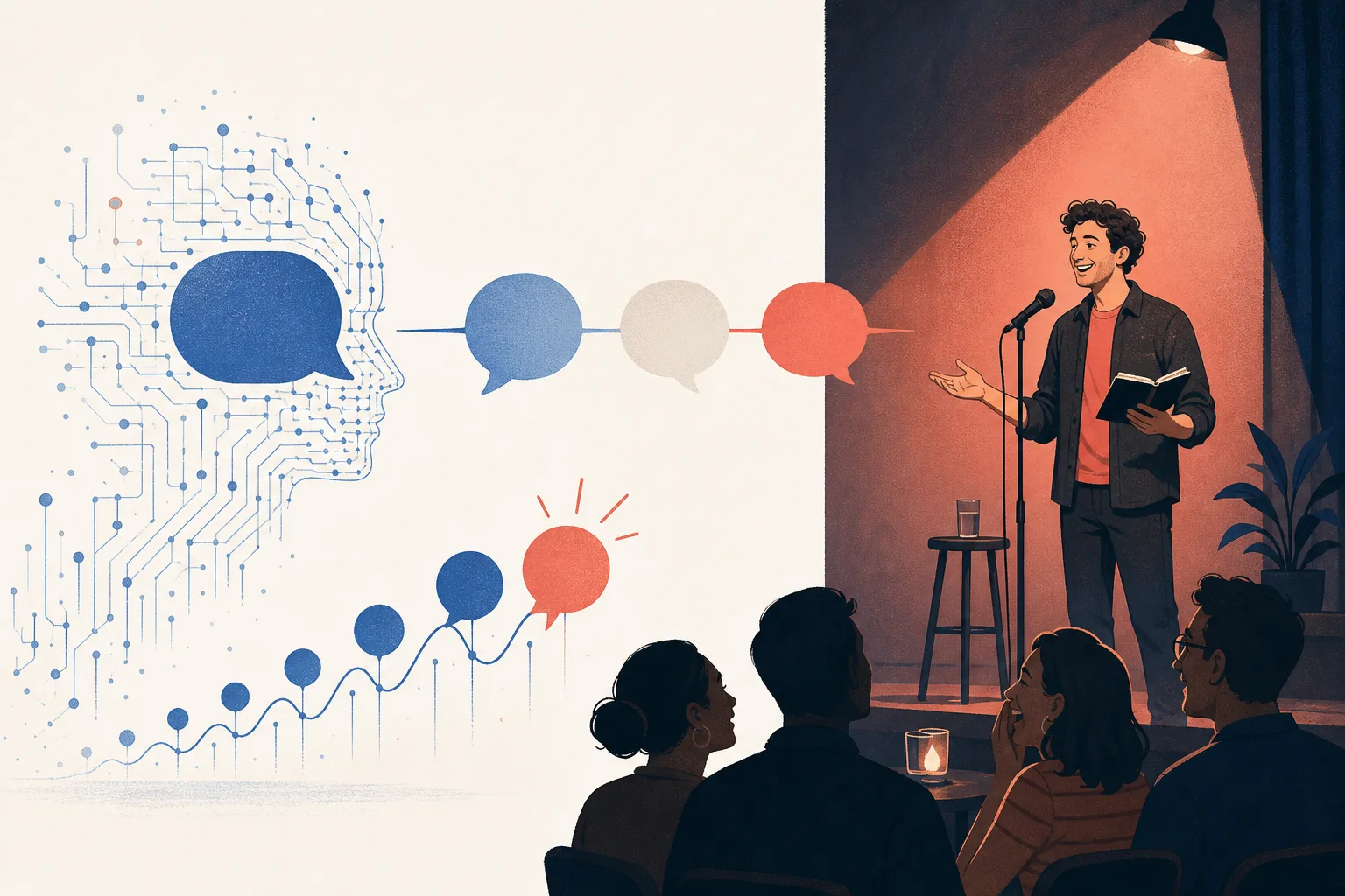 Editorial illustration comparing an AI speech bubble with a human comedian on a small stage
