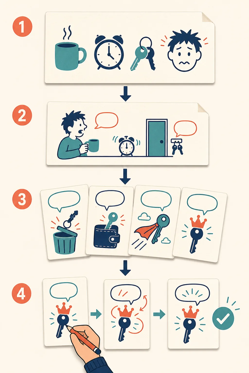 Four-step editorial workflow from a comedy premise to AI punchline options and human editing