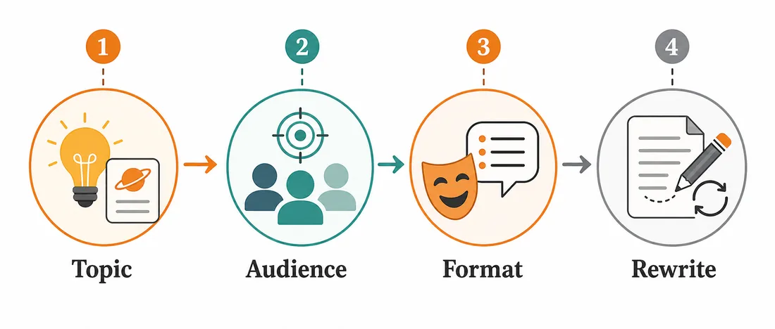 Four step editorial flow for topic audience format and rewrite in AI joke prompts