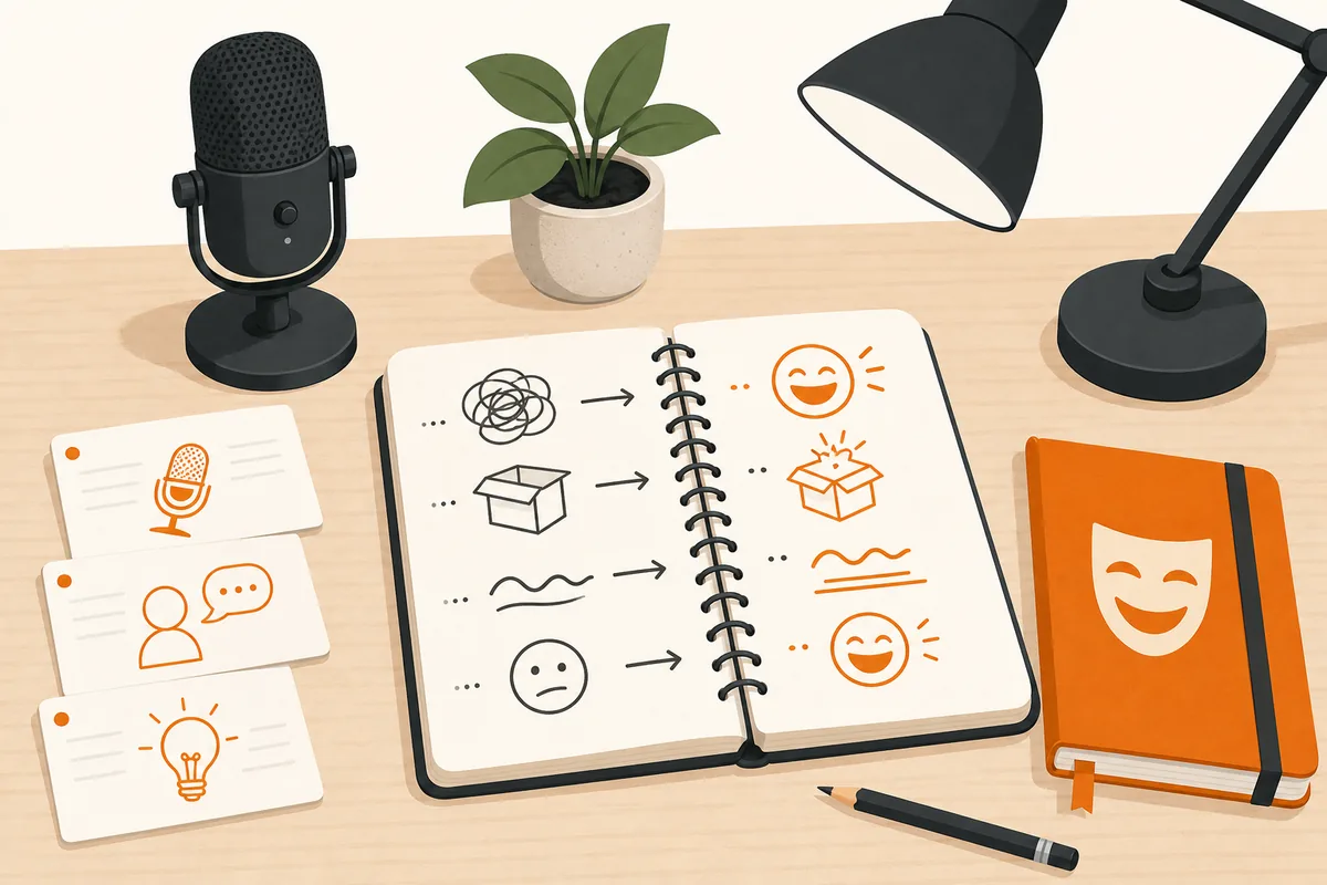 Editorial illustration of AI joke writing prompts turning comedy ideas into punchlines
