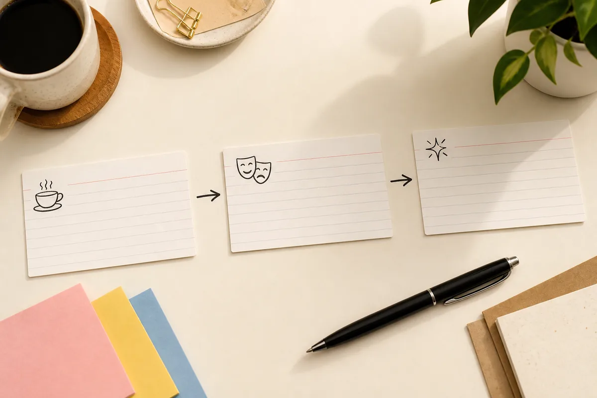 Three blank idea cards showing a topic, tone, and punchline workflow for AI joke prompts