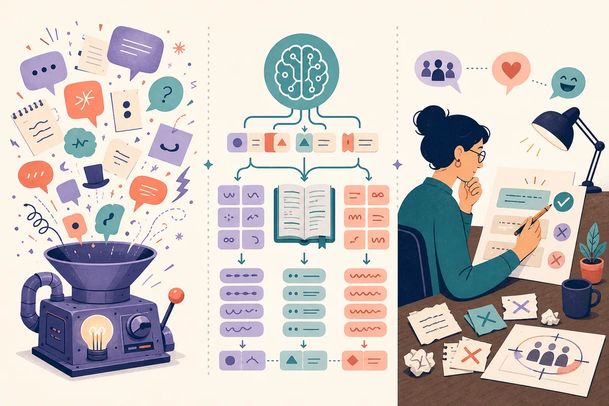 Editorial comparison showing an idea generator, a general AI assistant, and a human editor