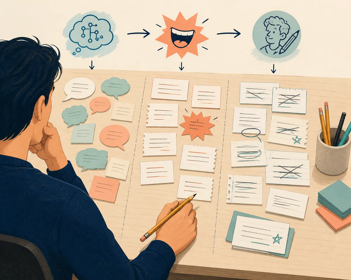 Editorial illustration of a comedy writer comparing AI ideas, joke drafts, and human punchline edits