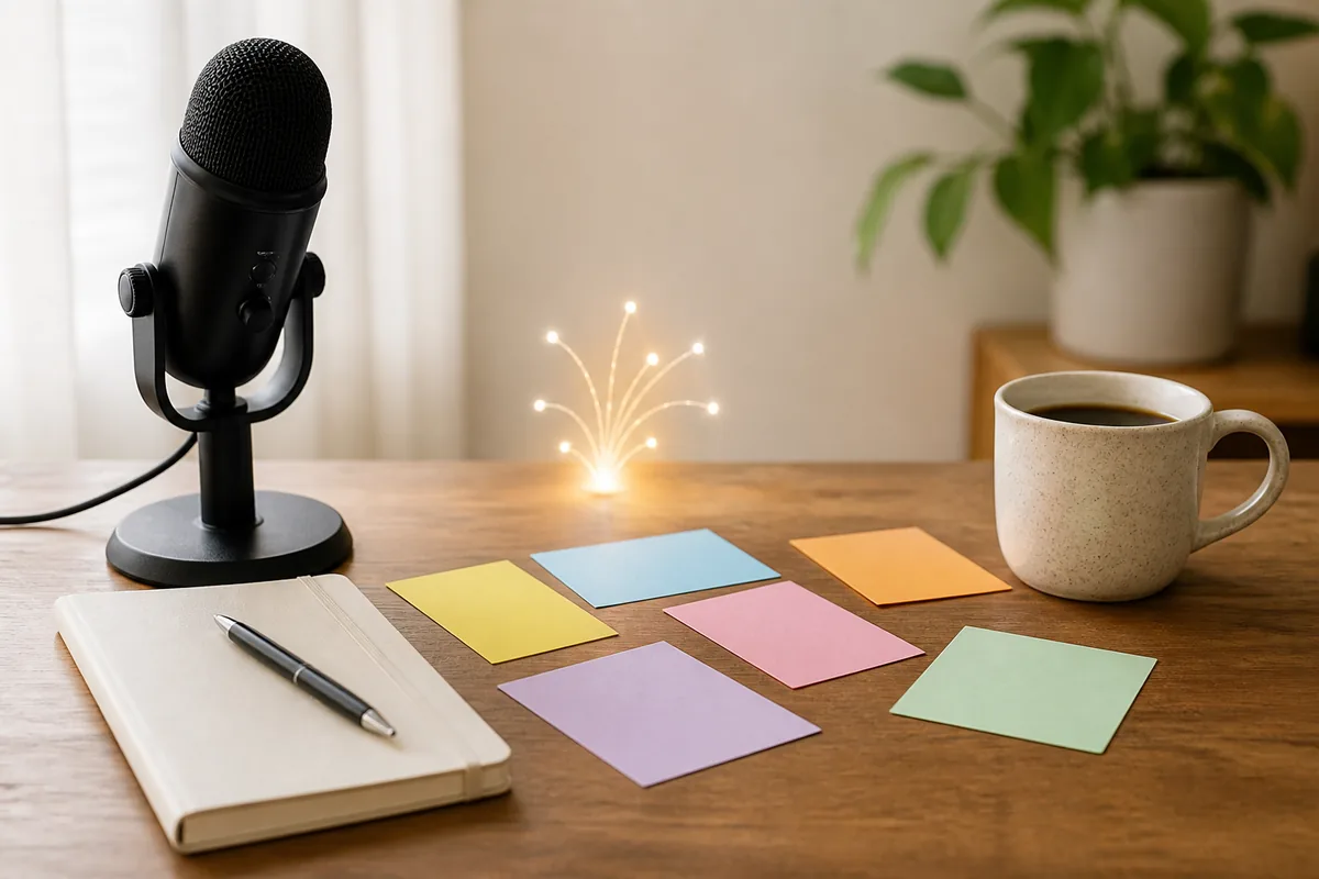 Microphone, notebook, coffee, and blank idea cards arranged for writing AI one-liner jokes