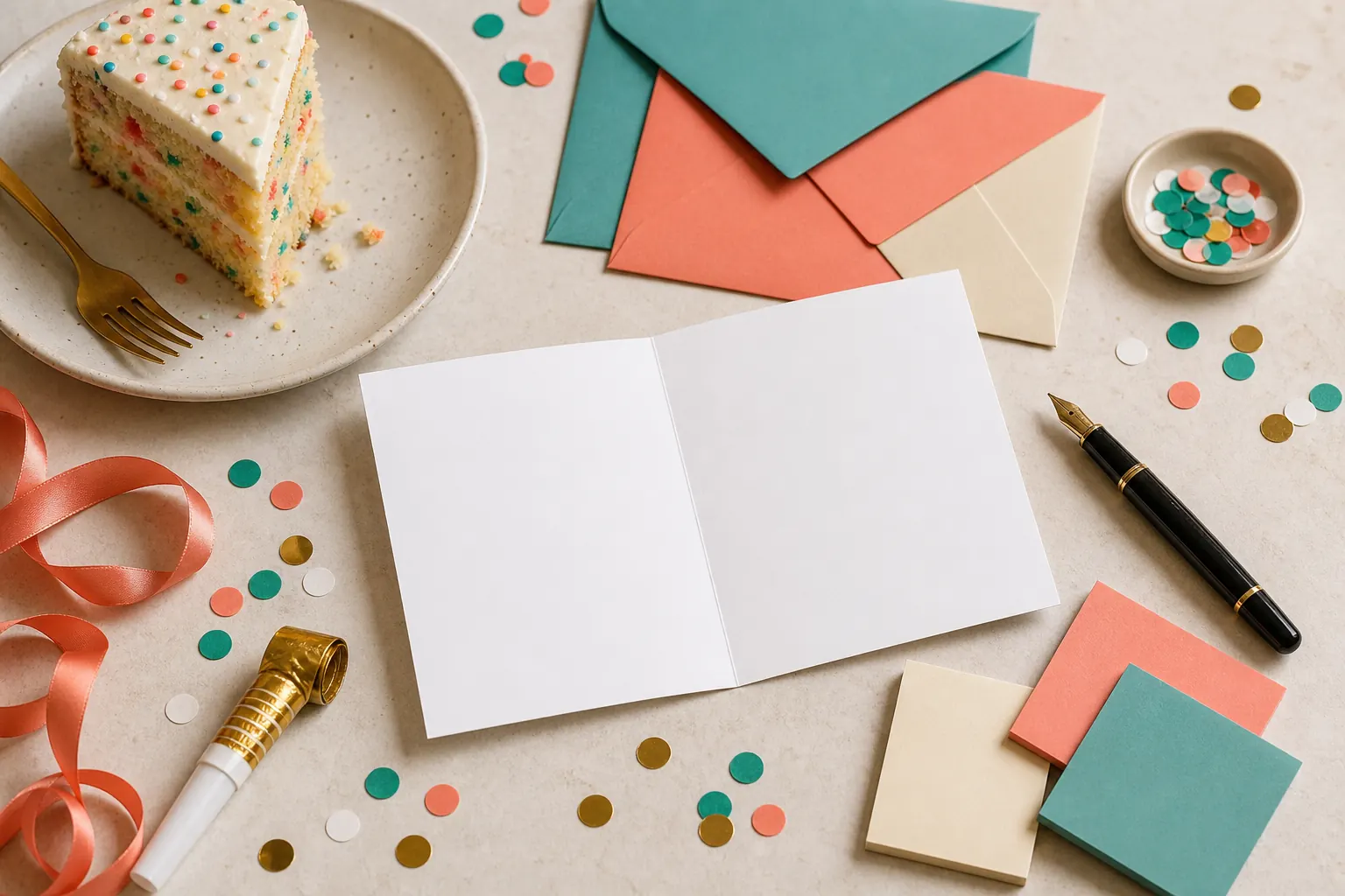 Blank birthday card, envelopes, cake, ribbon, and confetti ready for a funny message