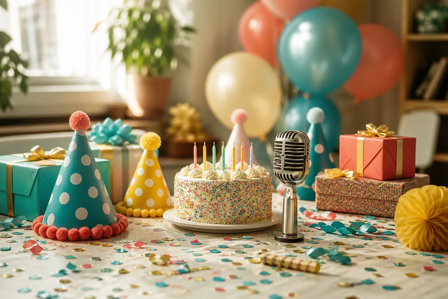Birthday cake, party hats, gifts, and a comedy microphone on a colorful table