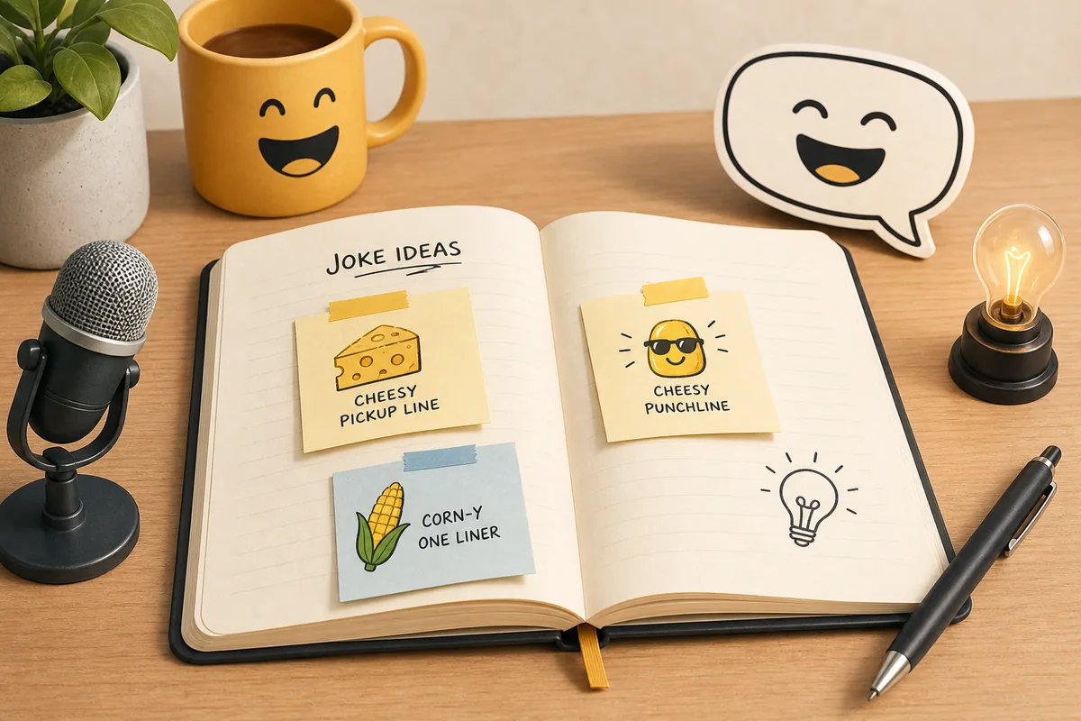 Notebook of clean corny joke ideas with comedy icons and a microphone