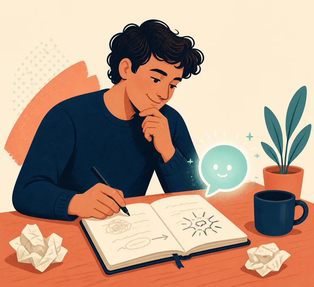 Editorial illustration of a writer shaping an AI-generated joke into a sharper punchline