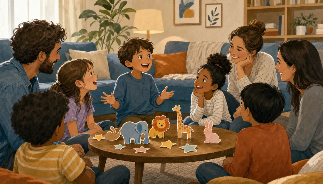 Family and children taking turns telling clean jokes during a game night