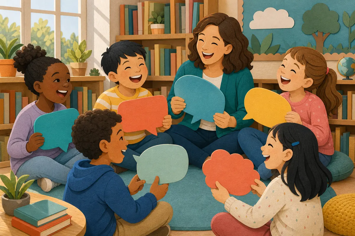 Children and a teacher laughing with colorful speech bubbles during a clean joke activity