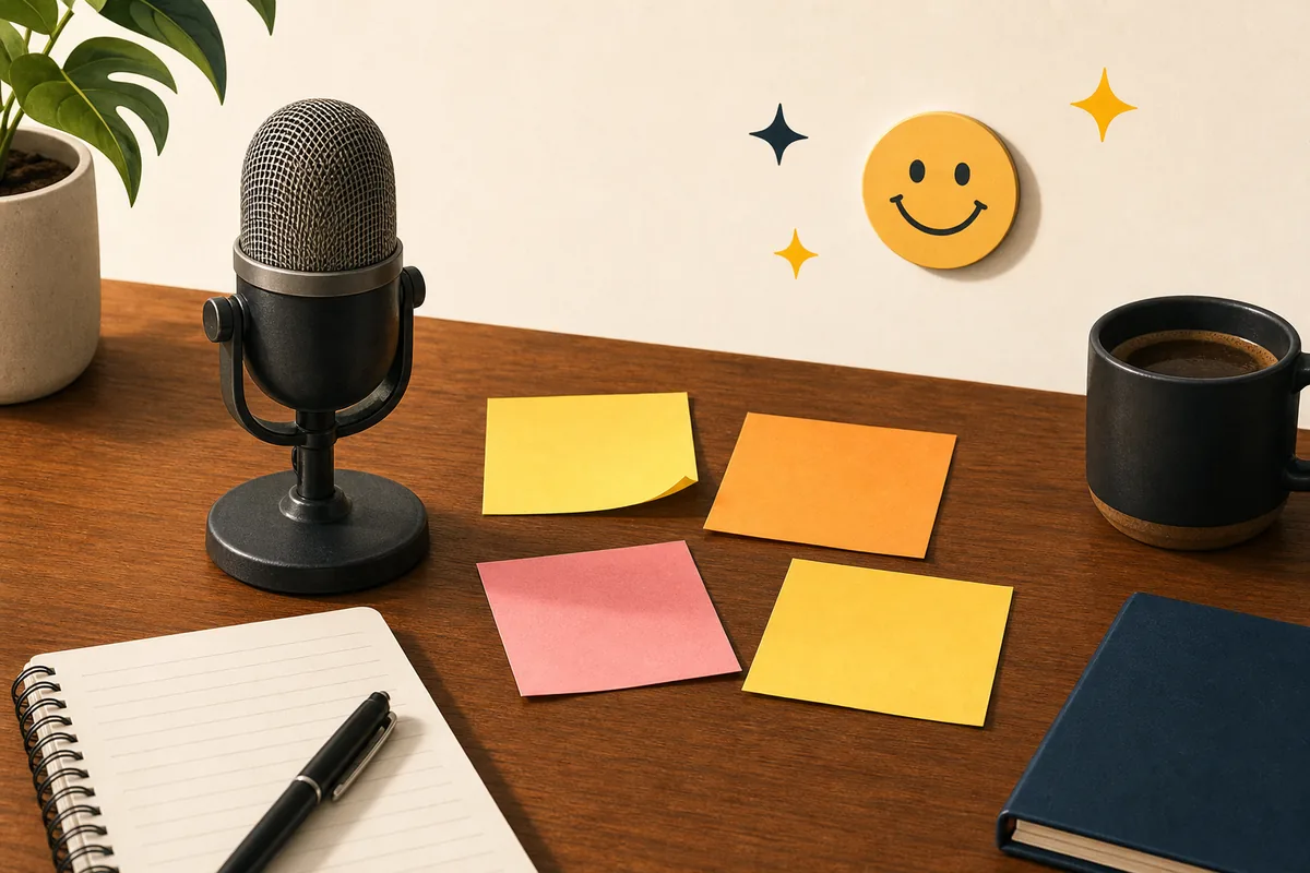Desk with microphone, notes, and simple comedy symbols for writing one-liner jokes