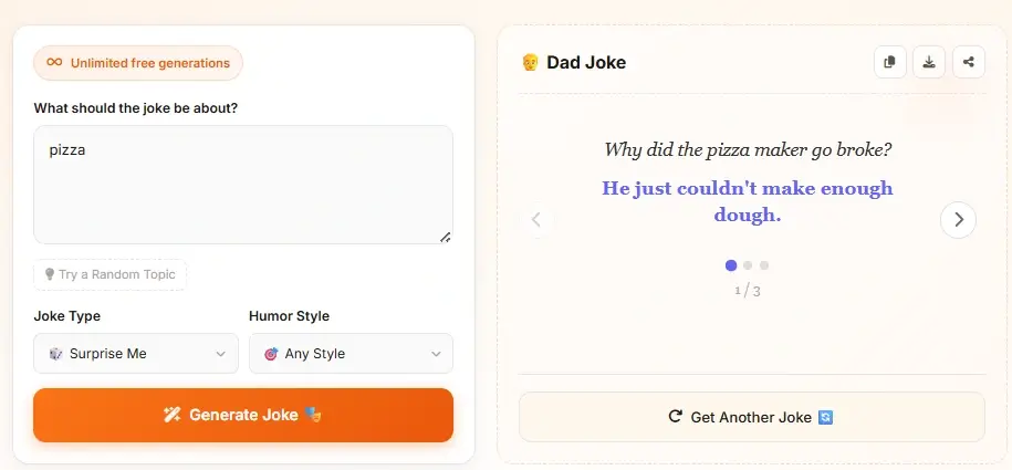 AI joke generator answer display - showing generated dad joke with setup and punchline