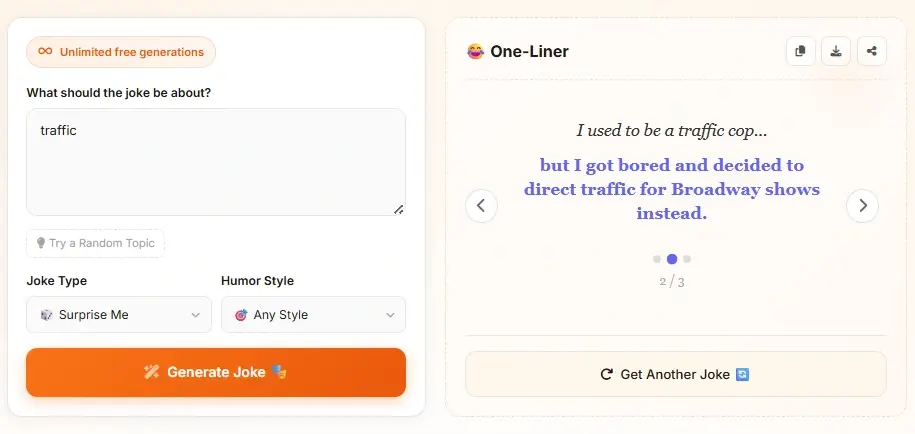 AI joke generator generated joke - one-liner comedy example with carousel navigation