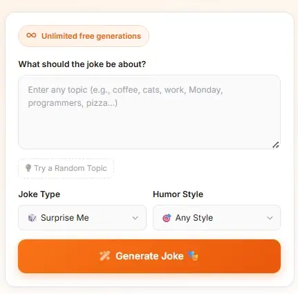 AI joke generator and online joke maker interface for creating random jokes